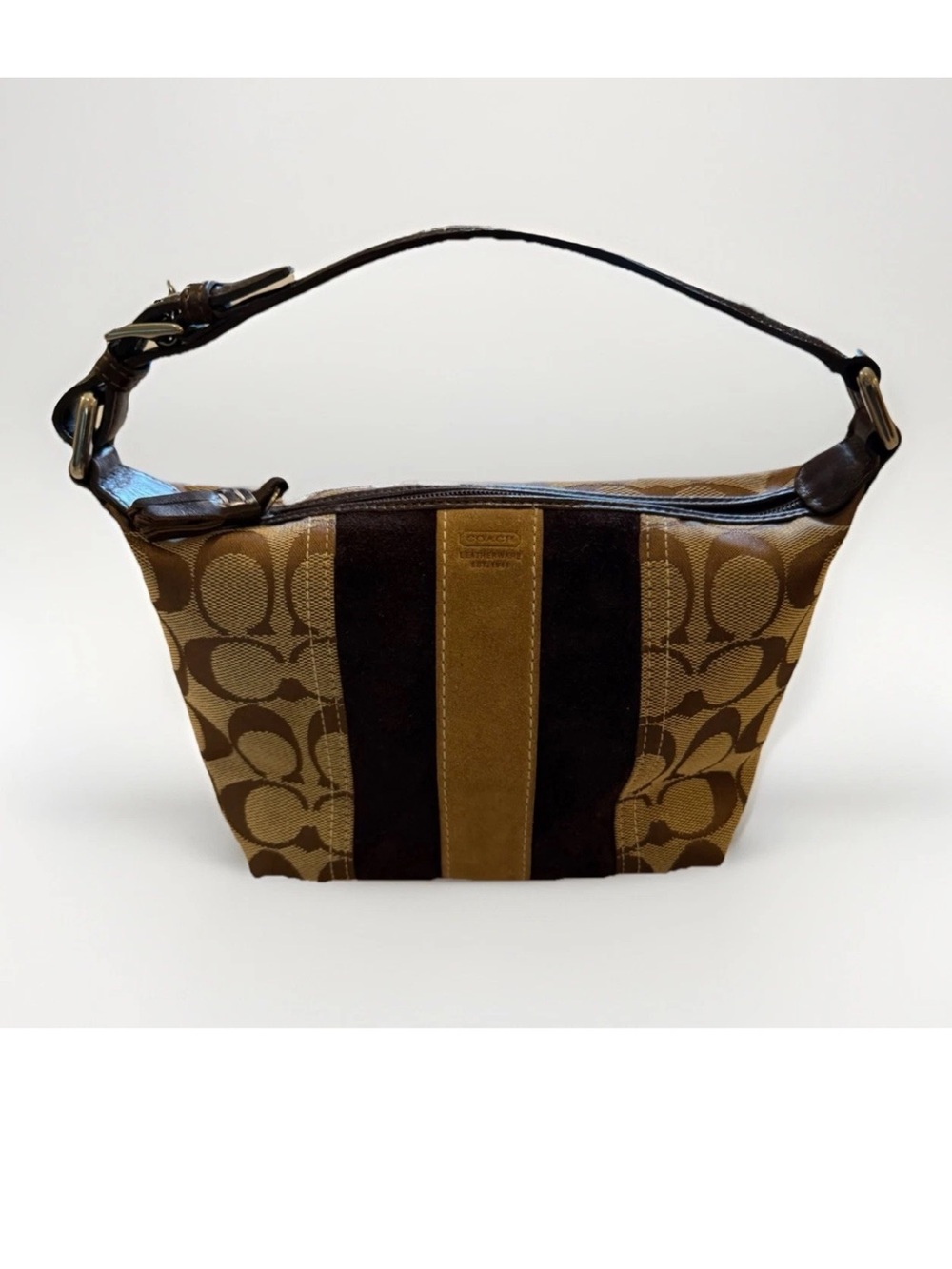 COACH VTG SIGNATURE C SUEDE STRIPE SM TOP HANDLE HOBO BAG PURSE KHAKI BROWN Y2K